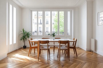 Fototapeta premium Bright dining room with wooden table chairs herringbone floor and large windows.