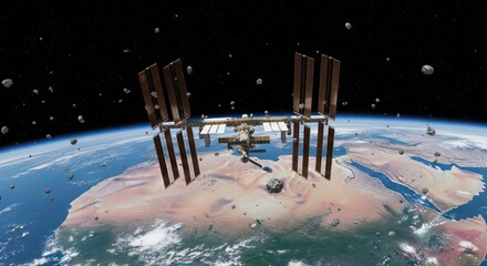 International space station orbiting earth surrounded by asteroids in deep space
