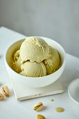 bowl of pistachio ice cream