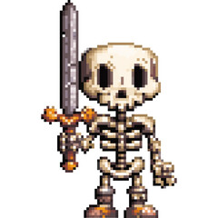 8-bit pixel art isolated PNG of a skeleton warrior holding a sword, retro fantasy sprite for video games, isolated on white background