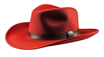 Vibrant red fedora hat with a dark brown hatband, on a black background