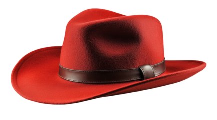Vibrant red fedora hat with a dark brown hatband, on a black background