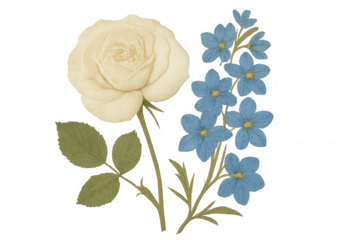 Delicate white rose blossom and blue floral sprigs with long green stems, vintage botanical feeling, transparent background