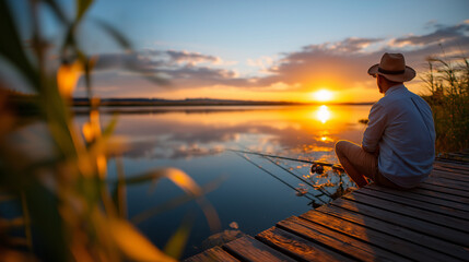 Man fishing peacefully on calm lake at sunrise, golden reflection on water, solitude and focus, mindfulness in nature, weekend relaxation, outdoor lifestyle, simple happiness, peac