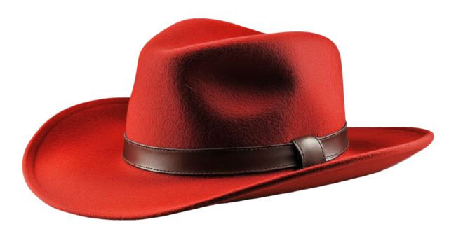 Vibrant red fedora hat with a dark brown hatband, on a black background