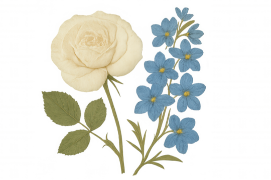 Delicate white rose blossom and blue floral sprigs with long green stems, vintage botanical feeling, transparent background