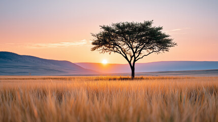 Obraz premium Golden Hour Illuminates Solitary Tree in Vast Field at Sunset with Serene Atmosphere and Warm Hues