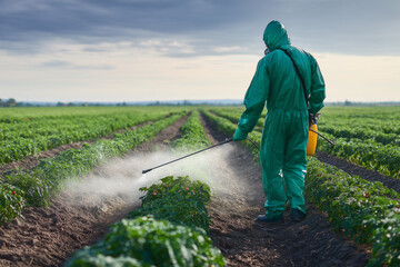 Landwirt sprüht Pflanzen mit Umweltunfreundlichem Pflanzenschutzmittel