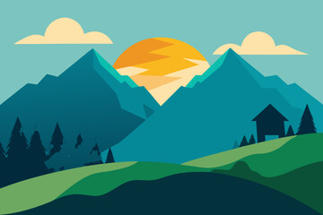 Landscape view of mountains and sun with small house