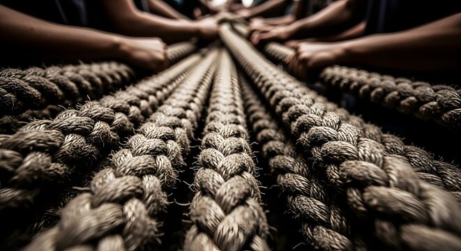 Determined team grips heavy rope, pulling together with intense focus, symbolizing collective strength and shared purpose in a powerful moment.