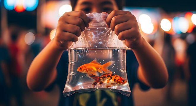 Joyful child proudly holds vibrant goldfish in a clear plastic bag, capturing a moment of wonder at a lively night market with bokeh lights