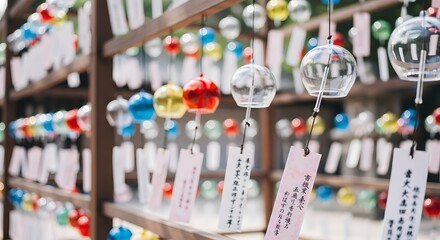 Vibrant glass wind chimes with colorful paper wishes hang serenely on wooden shelves, creating a peaceful and festive atmosphere