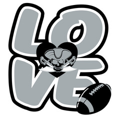 Stylish silver and black “LOVE” artwork with skull football element, heart and ball. Bold, energetic, and perfect for football fans, streetwear, and team merchandise.