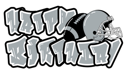 Happy Birthday in bold typography, featuring a football helmet and ball in silver and black tones. A striking, sporty design that celebrates fatherhood and athletic spirit.