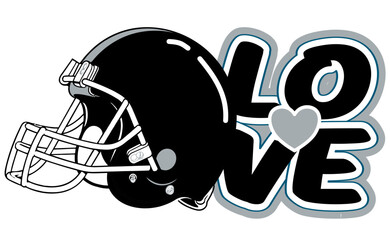 Love written in silver and black  color with a heart at the center and a football helmet next to the text. vector design in street art style, perfect for sporty, dynamic illustrations