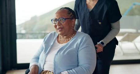 Elderly woman, nurse and push wheelchair with talk, explain or welcome to retirement home. Senior person with disability, mobility aid or rehabilitation for injury, caregiver or excited in house - Powered by Adobe