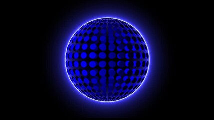 3D seamless rotating blue sphere with halftone effect and blue neon effect isolated on black screen. - Powered by Adobe