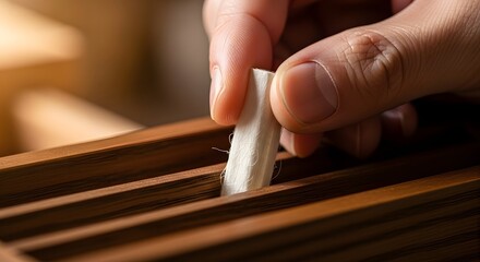 Close up shot of a person's hand carefully selecting a small wooden piece from a textured wooden organizer, highlighting delicate craftsmanship and thoughtful arrangement.