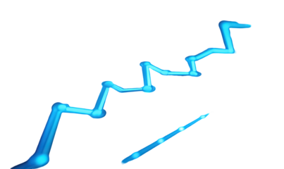 Blue luminescent jagged line ascending, with angled stick on black