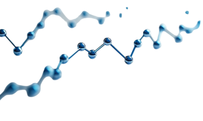 Blue glossy spheres connected by a line form a wavey line on black