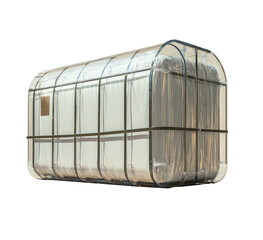 Arched, metal-framed structure covered in opaque white material outdoors