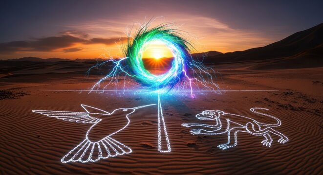 Mystical desert sunset landscape with vibrant energy portal and ancient glyphs representing animals - Powered by Adobe