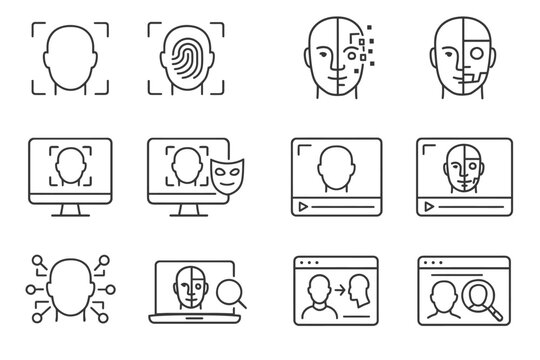 Facial recognition technology icons set featuring biometric face scans and ai interfaces