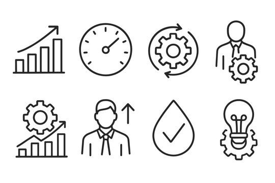 Business and productivity icons: graphs, gears, speedometer, checkmark, lightbulb