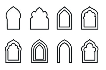 Set of eight traditional arch window shapes in minimalist line art style