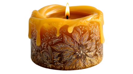 Elegant spiral beeswax candle with melted wax drips forming abstract floral patterns around the base, gentle golden flame casting soft reflections, isolated on white background