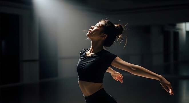 Graceful dancer reaching for light in dramatic studio spotlight, embodying artistic expression and dedication.
