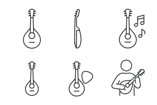 Mandolin line art: front, side, and player with musical notes