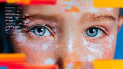 Close-up of a young child with blue eyes and freckles. The face is partially obscured by colorful digital elements, modern and artistic effect. The image conveys themes of identity and technology.