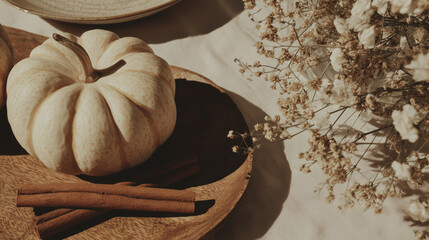 A rustic arrangement featuring a white pumpkin, cinnamon sticks, and dried flowers on a textured surface. Ideal for autumn and harvest themes.