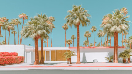 A modern house surrounded by tall palm trees and vibrant landscaping. The sky is clear and blue, creating a tropical atmosphere.