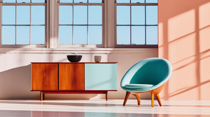 Modern interior with wooden sideboard and teal armchair near large windows casting shadows on white floor.