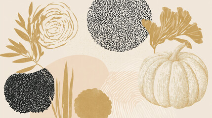 Abstract composition featuring a white pumpkin, black and gold circles, and botanical elements. The design has a modern, minimalist aesthetic.