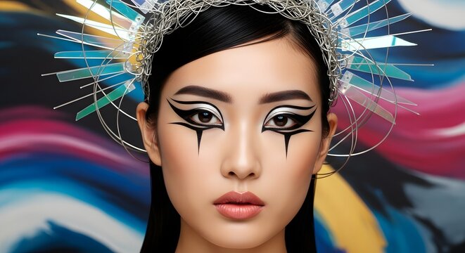 Stunning avant garde beauty portrait with intricate headpiece and dramatic graphic makeup captivatingly styled for fashion editorial