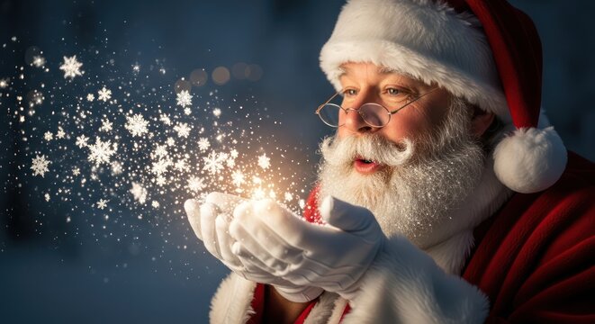 Santa Claus blows glowing snowflakes symbolizing magic and joy of the holiday season