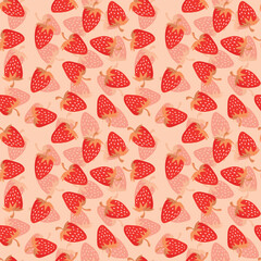 Seamless pattern with strawberry on color background. Natural delicious fresh ripe tasty fruit. Vector illustration for print, fabric, textile, banner, other design. Food concept.