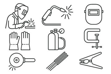 Line art icons of welding tools and safety equipment for workshop use