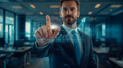 Businessman pointing at a rising stock market graph on a digital screen Keywords: businessman