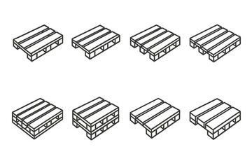 Collection of eight distinct wooden pallet line art illustrations in black and white