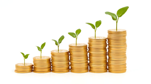 Growing stacks of gold coins with green sprouts money - Powered by Adobe