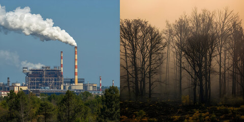 Industrial Factory Emitting Smoke Next to Barren Forest Landscape