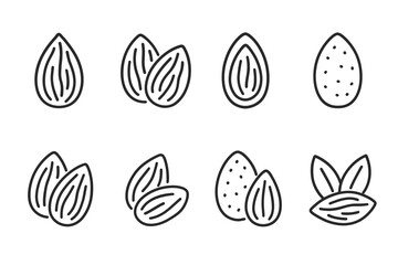 Set of almond icons: outline illustrations of whole and shelled nuts
