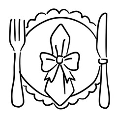 Elegant Thanksgiving Table Setting Line Art with Bow Napkin Coquette Dinner Outline Illustration for Fall Feast Holiday Decor and Autumn Celebration Design
