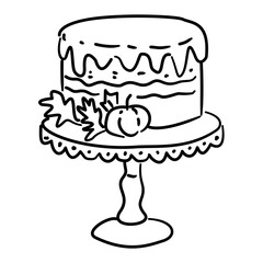 Pumpkin Cake Line Art on Stand with Leaves Coquette Thanksgiving Dessert Outline Illustration for Fall Bakery Autumn Table and Holiday Celebration Design