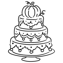 Three Tier Cake Line Art with Pumpkin Topper and Frosting Coquette Thanksgiving Dessert Outline Illustration for Fall Bakery Sweet Autumn Decor and Holiday Design