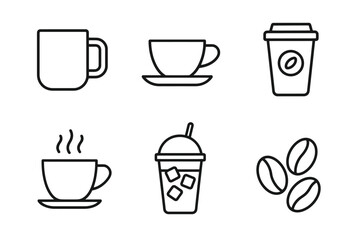 Coffee icon set: mugs, cups, to-go cups, beans, straw